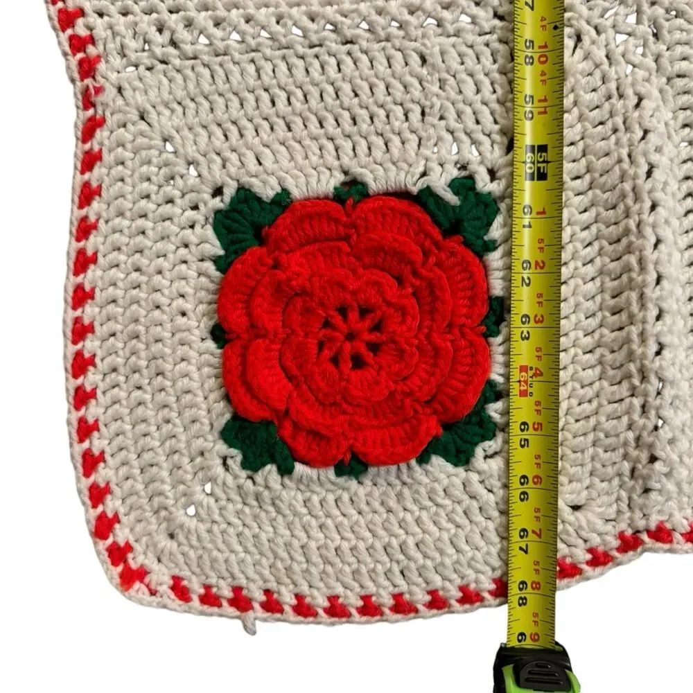 Vintage Crochet Granny Rose Square  Cottagecore Farmhouse Afghan Throw Blanket